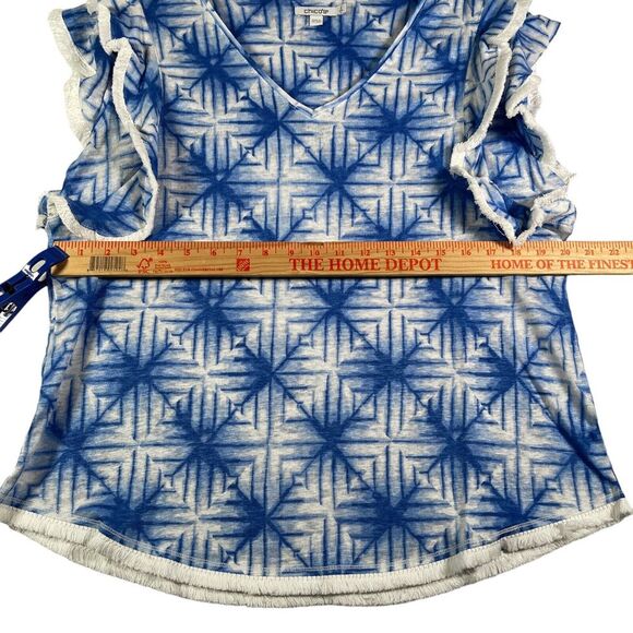 Chico's Top Womens 2 (14/16) L Amparo Blue Linen Flutter Sleeve Geometric NEW - Picture 4 of 11